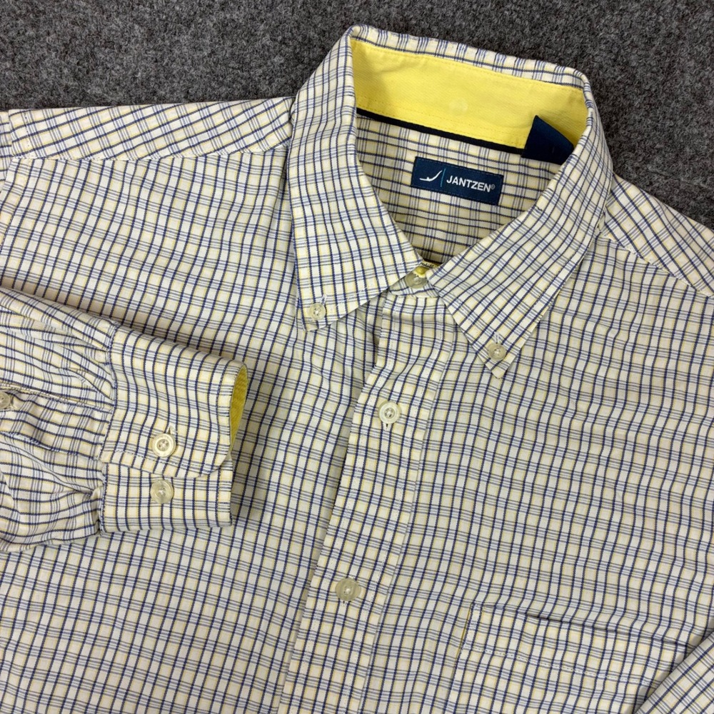 Jantzen Mens Large Plaid Button Down Shirt Yellow Blue White Long Sleeve Cotton